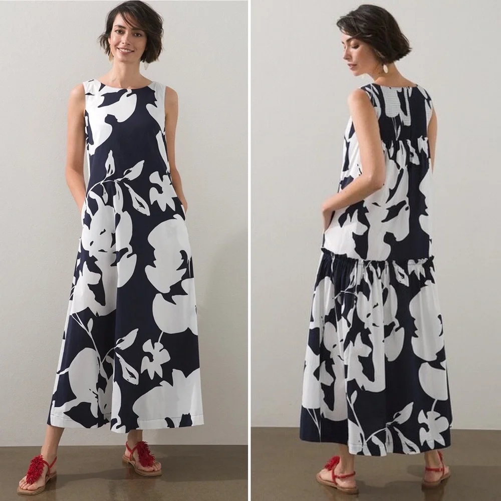 Chico’s || Trapeze Smocked Maxi Dress Floral Print Navy White Chicos 4 US 20 22